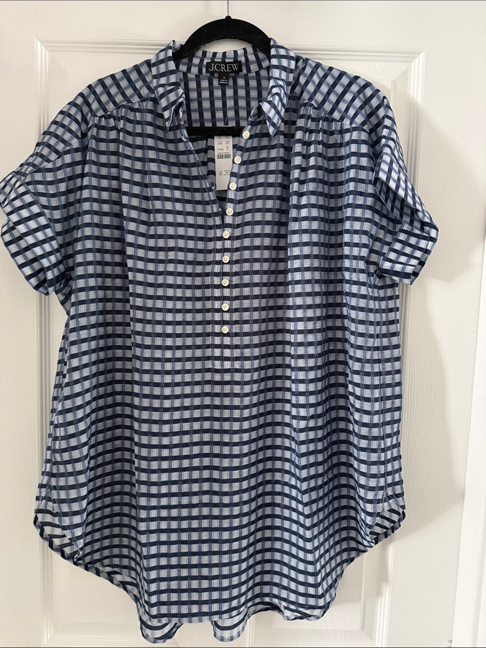 J. Crew Navy and White Gingham Button-Front Short Sleeve Cover-Up Shirt
